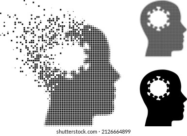 Dispersed dot brain infection vector icon with destruction effect, and original vector image. Pixel disappearing effect for brain infection demonstrates speed and motion of cyberspace matter.