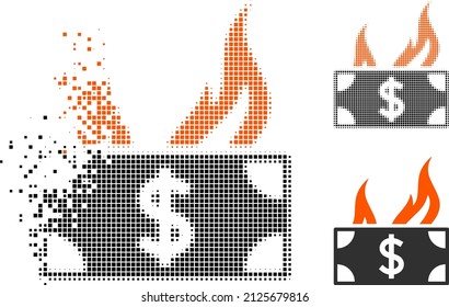 Icono vectorial de la factura de dólares con efecto de destrucción y imagen vectorial original. El efecto de explosión de píxeles para los billetes en dólares quemados muestra la velocidad y el movimiento de la materia en el ciberespacio.