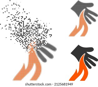 Dispersed dot burn hand vector icon with wind effect, and original vector image. Pixel disappearing effect for burn hand demonstrates speed and movement of cyberspace things.