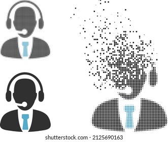Dispersed dot call center operator vector icon with wind effect, and original vector image. Pixel destruction effect for call center operator demonstrates speed and movement of cyberspace concepts.