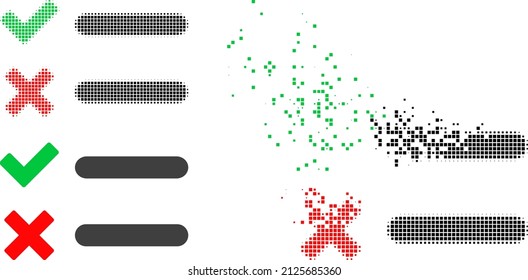 Icono vectorial de lista de verificación de puntos dispersos con efecto de destrucción e imagen vectorial original. El efecto de desfragmentación de píxeles para la lista de verificación muestra la velocidad y el movimiento de los elementos del ciberespacio.