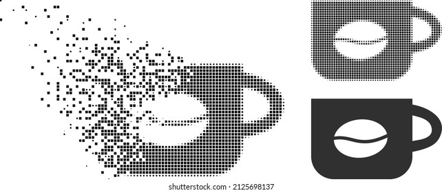 Dispersed dot coffee cup vector icon with destruction effect, and original vector image. Pixel destruction effect for coffee cup demonstrates speed and movement of cyberspace abstractions.