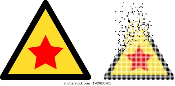 Dispersed dot communism star warning vector icon with destruction effect, and original vector image. Pixel burst effect for communism star warning shows speed and movement of cyberspace matter.