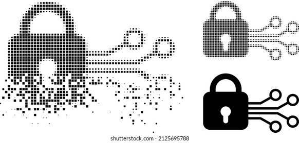 Dispersed Dot Digital Lock Vector Icon With Destruction Effect, And Original Vector Image. Pixel Disintegrating Effect For Digital Lock Shows Speed And Movement Of Cyberspace Things.