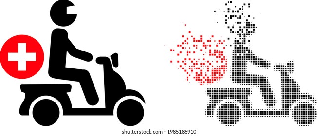 Dispersed dot doctor motorbike vector icon with destruction effect, and original vector image. Pixel degradation effect for doctor motorbike shows speed and motion of cyberspace matter.