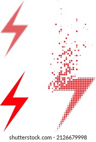 Dispersed dot electric strike vector icon with destruction effect, and original vector image. Pixel degradation effect for electric strike demonstrates speed and movement of cyberspace concepts.