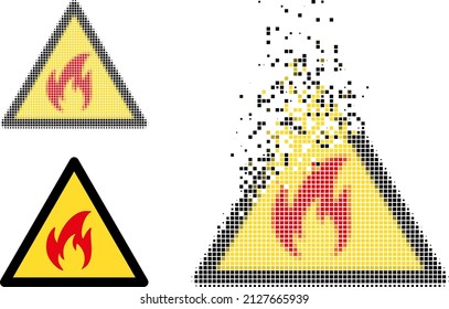 Dispersed dot fire warning vector icon with destruction effect, and original vector image. Pixel dust effect for fire warning shows speed and motion of cyberspace things.