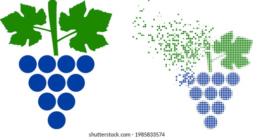 Icono vectorial de ramas de punto dispersas con efecto de viento e imagen vectorial original. El efecto de abrasión de píxeles para el racimo de uvas demuestra la velocidad y el movimiento de la materia del ciberespacio.