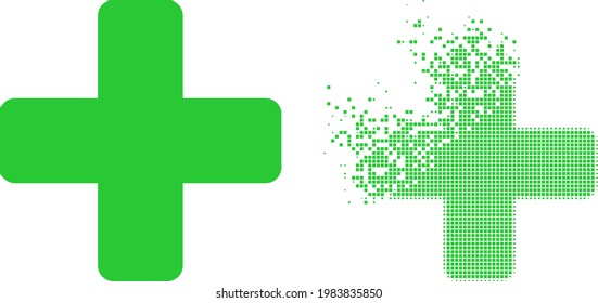 Dispersed dot green cross vector icon with destruction effect, and original vector image. Pixel dissipation effect for green cross shows speed and movement of cyberspace matter.