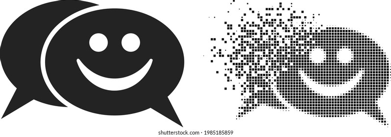 Dispersed dot happy chat vector icon with wind effect, and original vector image. Pixel dissipating effect for happy chat demonstrates speed and movement of cyberspace concepts.