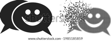 Dispersed dot happy chat vector icon with wind effect, and original vector image. Pixel dissipating effect for happy chat demonstrates speed and movement of cyberspace concepts.