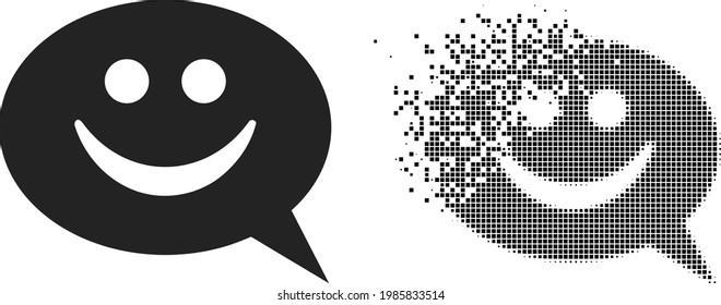 Dispersed dot happy message vector icon with wind effect, and original vector image. Pixel explosion effect for happy message demonstrates speed and motion of cyberspace things.