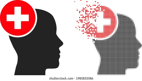 Dispersed dot head treatment vector icon with wind effect, and original vector image. Pixel disintegration effect for head treatment demonstrates speed and motion of cyberspace abstractions.