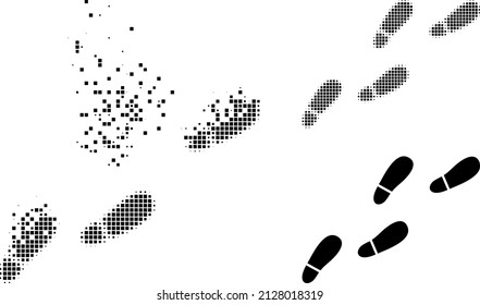 Dispersed dot human footprints trail vector icon with destruction effect, and original vector image. Pixel disappearing effect for human footprints trail shows speed and motion of cyberspace objects.