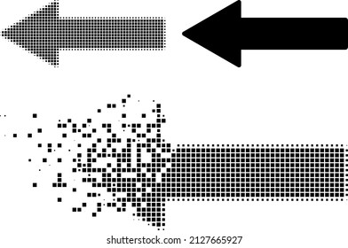 Dispersed dot left arrow vector icon with destruction effect, and original vector image. Pixel fragmentation effect for left arrow shows speed and motion of cyberspace concepts.