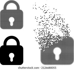 Dispersed dot lock vector icon with destruction effect, and original vector image. Pixel defragmentation effect for lock demonstrates speed and motion of cyberspace objects.
