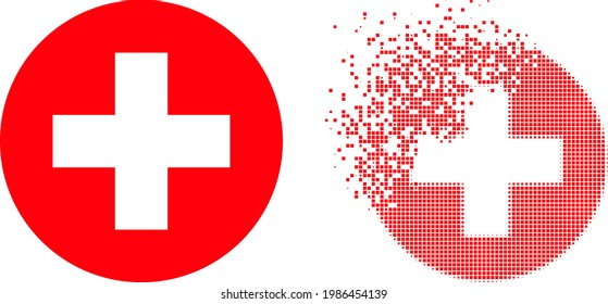 Dispersed dot medical aid vector icon with wind effect, and original vector image. Pixel transformation effect for medical aid demonstrates speed and motion of cyberspace objects.