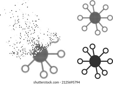 Dispersed dot node links vector icon with destruction effect, and original vector image. Pixel dissolution effect for node links demonstrates speed and movement of cyberspace objects.