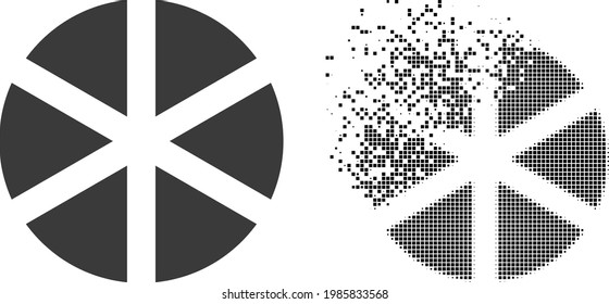 Dispersed dot pizza vector icon with wind effect, and original vector image. Pixel destruction effect for pizza demonstrates speed and motion of cyberspace items.