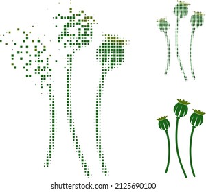 Dispersed dot poppy plants vector icon with destruction effect, and original vector image. Pixel fragmentation effect for poppy plants shows speed and motion of cyberspace matter.