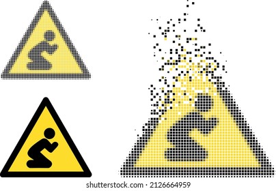 Dispersed dot praying person warning vector icon with wind effect, and original vector image. Pixel degradation effect for praying person warning demonstrates speed and motion of cyberspace items.