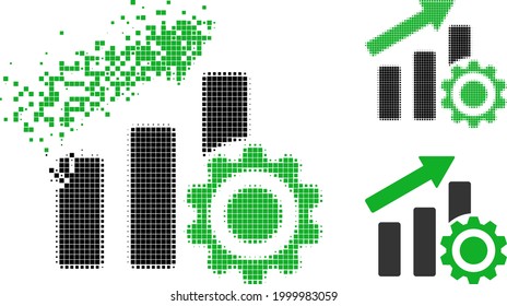 Dispersed dot progress chart settings glyph with halftone version. Vector destruction effect for progress chart settings pictogram.