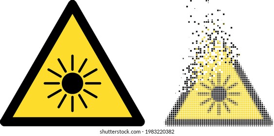Icono de vector de advertencia de radiación de sol de punto disperso con efecto de destrucción e imagen vectorial original. El efecto de niebla de píxeles para la advertencia de radiación solar muestra la velocidad y el movimiento de los objetos del ciberespacio.