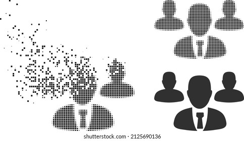 Dispersed dot team staff vector icon with wind effect, and original vector image. Pixel dematerialization effect for team staff demonstrates speed and motion of cyberspace items.