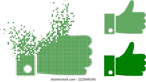 Un botón de punto disperso hacia arriba icono vectorial con efecto de destrucción e imagen vectorial original. El efecto de dispersión de píxeles para el pulgar hacia arriba muestra la velocidad y el movimiento de los elementos del ciberespacio.