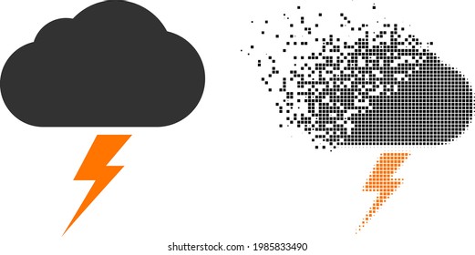Dispersed dot thunderstorm vector icon with wind effect, and original vector image. Pixel transformation effect for thunderstorm demonstrates speed and movement of cyberspace matter.