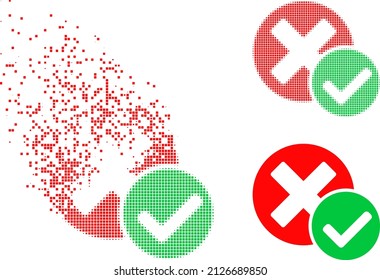 Dispersed dot true negative vector icon with wind effect, and original vector image. Pixel mist effect for true negative shows speed and movement of cyberspace abstractions.