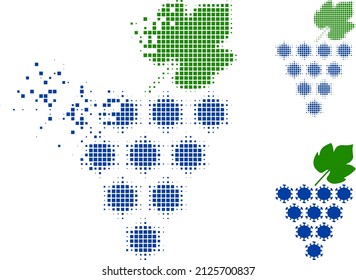 Dispersed dot virus grapes bunch Vektorsymbol mit Wind-Effekt und Original-Vektorbild. Der Effekt der Pixeldefragmentierung bei der Virusweinprobe zeigt Geschwindigkeit und Bewegung von Cyberspace-Materie.