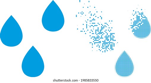 Dispersed dot water drops vector icon with destruction effect, and original vector image. Pixel transformation effect for water drops shows speed and motion of cyberspace matter.