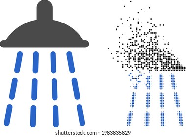Dispersed dot water shower vector icon with destruction effect, and original vector image. Pixel disappearing effect for water shower demonstrates speed and motion of cyberspace abstractions.