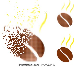 Dispersed dotted aroma coffee bean icon with halftone version. Vector destruction effect for aroma coffee bean icon.