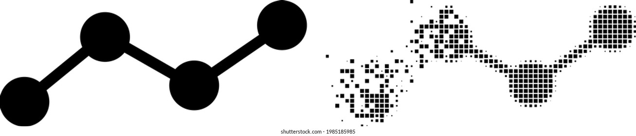 Dispersed dotted chart vector icon with destruction effect, and original vector image. Pixel dissipating effect for chart shows speed and motion of cyberspace matter.