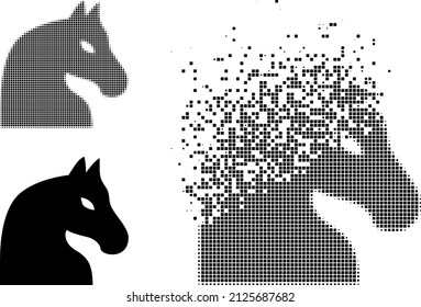 Dispersed dotted chess horse vector icon with wind effect, and original vector image. Pixel dissolving effect for chess horse shows speed and motion of cyberspace items.