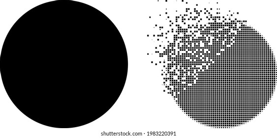 Dispersed dotted circle vector icon with destruction effect, and original vector image. Pixel disintegration effect for circle shows speed and movement of cyberspace items.