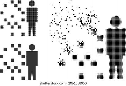 Dispersed dotted digital man synthesis glyph with halftone version. Vector destruction effect for digital man synthesis symbol.