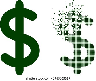 Dispersionierte gepunktete Dollar-Zeichen Vektorsymbol mit Wind-Effekt und Original-Vektorbild. Pixel Zerstörungseffekt für Dollar-Zeichen zeigt Geschwindigkeit und Bewegung von Cyberspace-Objekten.
