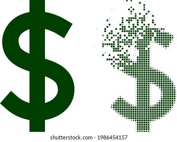 Dispersed dotted dollar vector icon with wind effect, and original vector image. Pixel disintegrating effect for dollar demonstrates speed and motion of cyberspace matter.