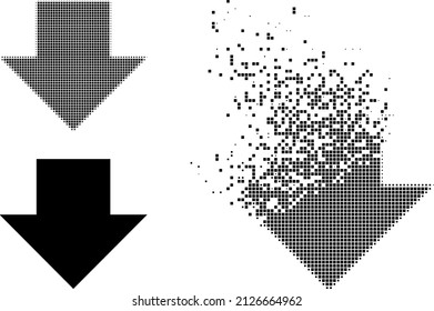 Dispersed dotted download arrow vector icon with destruction effect, and original vector image. Pixel destruction effect for download arrow shows speed and movement of cyberspace abstractions.