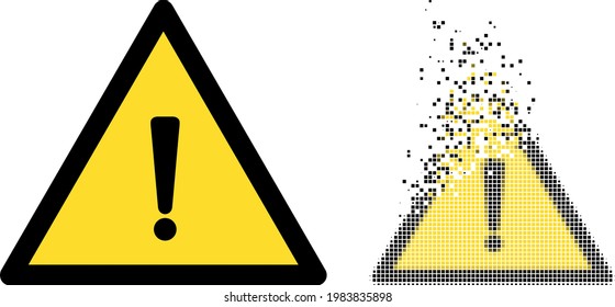 Dispersed dotted exclamation warning vector icon with wind effect, and original vector image. Pixel dust effect for exclamation warning shows speed and movement of cyberspace items.