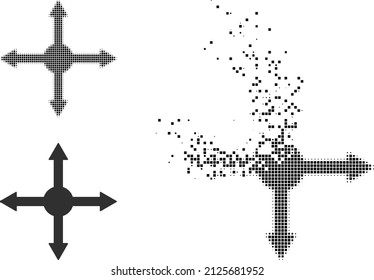 Dispersed dotted expand vector icon with destruction effect, and original vector image. Pixel dissolution effect for expand shows speed and motion of cyberspace items.