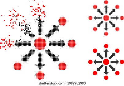 Dispersed dotted expansion icon with halftone version. Vector destruction effect for expansion symbol. Pixel dissolving effect for expansion reproduces motion of virtual concepts.