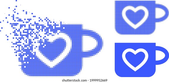 Dispersed dotted favourite cup icon with halftone version. Vector wind effect for favourite cup icon. Pixel mist process for favourite cup reproduces movement of cyberspace items.