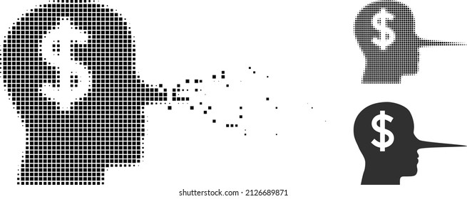 Dispersed dotted financial liar vector icon with wind effect, and original vector image. Pixel abrasion effect for financial liar demonstrates speed and movement of cyberspace abstractions.