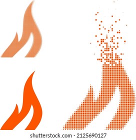 Dispersed dotted fire vector icon with destruction effect, and original vector image. Pixel dust effect for fire shows speed and motion of cyberspace things.