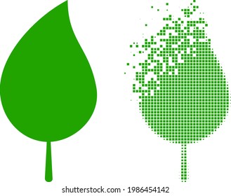 Dispersed dotted floral leaf vector icon with destruction effect, and original vector image. Pixel destruction effect for floral leaf shows speed and motion of cyberspace matter.