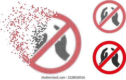 Dispersed dotted forbid praying hands vector icon with destruction effect, and original vector image. Pixel burst effect for forbid praying hands shows speed and motion of cyberspace objects.